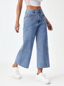 SHEIN ICON 女士休闲水洗阔腿牛仔裤 - 中等水洗藍 - 查看 1