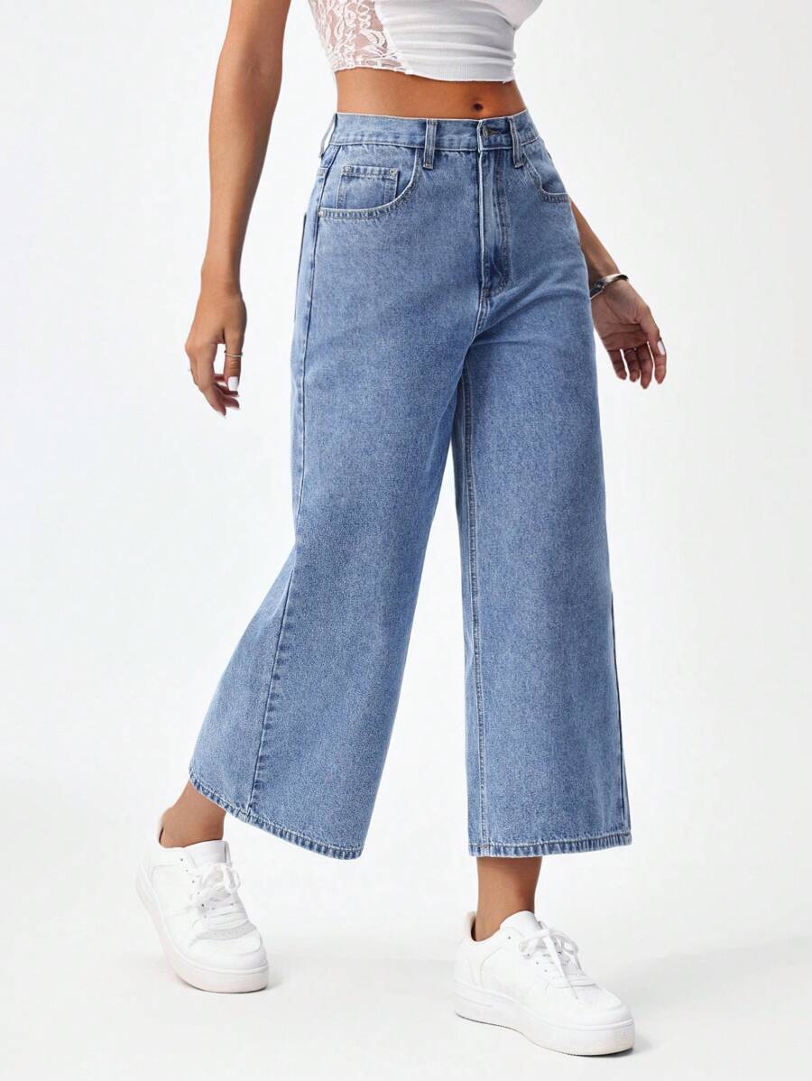 SHEIN ICON 女士休闲水洗阔腿牛仔裤 - 中等水洗藍 - 查看 1