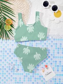 Set di bikini da ragazza con stampa tartaruga, con spalline sottili, semplice e carino, adatto per nuotare d'estate, vacanze al mare