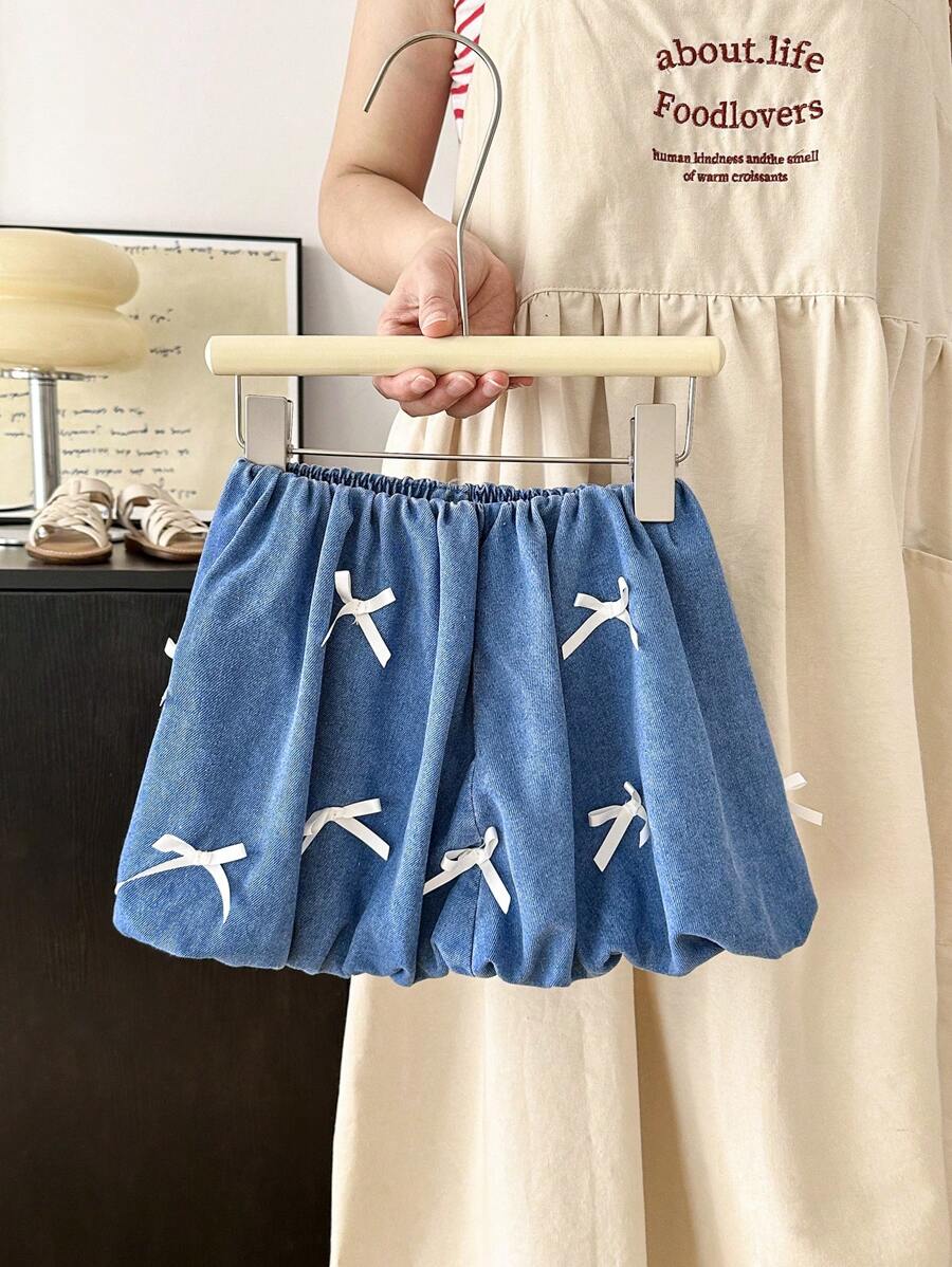 SHEIN Young Girl Denim Ruffled Mini Skirt With White Ribbon Bow, Spring And Summer Casual Vacation - Light Wash - View 1