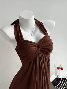 Comfortcana Áo ba lỗ cổ yếm thiết kế thắt nút xoắn thời trang dành cho nữ màu nâu, mùa hè - màu nâu - Xem 5