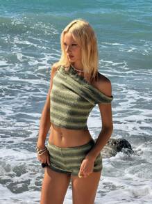 Sweetina 女士复古绿条纹露肩短袖上衣和超短裤两件套 - 彩色 - 查看 2