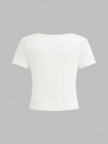 SHEIN Camiseta de manga corta, cuello redondo, ajuste ceñido, con estampado de estrella de mar y concha, estilo minimalista casual, adecuada para adolescentes, verano y estilo relajado
