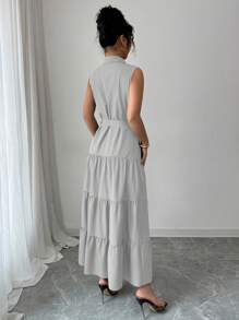 Elenzga Women Casual Solid Color Front Button Long Dress - Grey - View 2