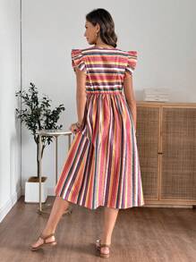EMERY ROSE Women Summer Stripe Round Neck Cap Sleeve Casual Long Dress - Multicolor - View 2