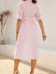 SHEIN Maternity Summer Casual Striped Shirt Collar Dress - Pink - View 2
