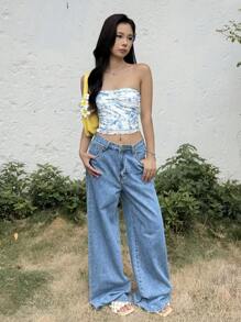 SHEIN 少女休闲简约舒适碎花褶饰设计吊带背心 - 淺藍色 - 查看 6