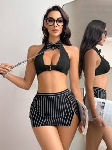 SHEIN Women's Professional Secretary Stewardess Cosplay 4-Piece Set - Black - View 3