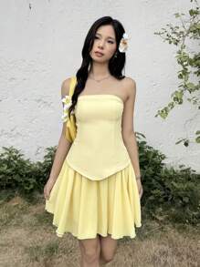 SHEIN 少女休闲简约舒适不对称后背吊带背心和裙子套装 - 黃色 - 查看 5