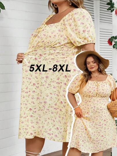 SHEIN CURVE+ Curve 加大码女士海滩度假装，前系带短袖全身花卉印花休闲短裙，春夏服装女士海滩装/沙滩裙/海滩度假装/海滩必备品/毕业/茶会礼服，夏季/乡村/海滩度假装/海滩装/海滩装