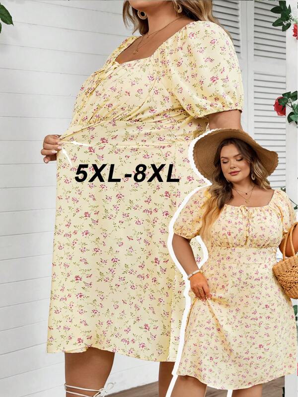 SHEIN CURVE+ Ținute de vacanță la plajă pentru femei Curve Plus Size, rochie scurtă casual cu mânecă scurtă și imprimeu floral integral, haine de primăvară-vară, ținute de plajă pentru femei/Rochie de plajă/Ținute de vacanță la plajă/Esențe de plajă/Rochie de absolvire/Petrecere de ceai, Rochie de vară/Stil rustic/Ținute de vacanță la plajă/Ținute de plajă/Îmbrăcăminte de plajă