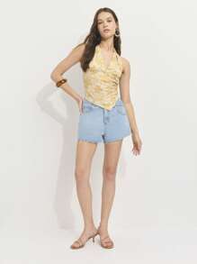 Nöista Beige Floral Halter Top,Pointed Hem Ruched Bust Summer Boho Vacation Holiday Lightweight Stretchy Fabric,Flattering Fit Festival 4th Of July Looks - Yellow - View 5