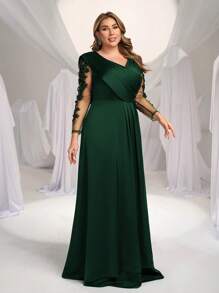SHEIN Belle 大码优雅奢华复古修身长袖贴花V领褶皱长款摆裙正式晚礼服，情人节适用 - 墨綠色 - 查看 2