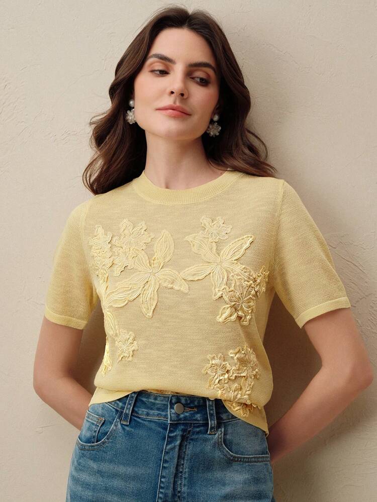 New Elegant Modern Romantic Sheer 3D Lace Floral Decor Round Neck Short Sleeve Top T-Shirt Blouse