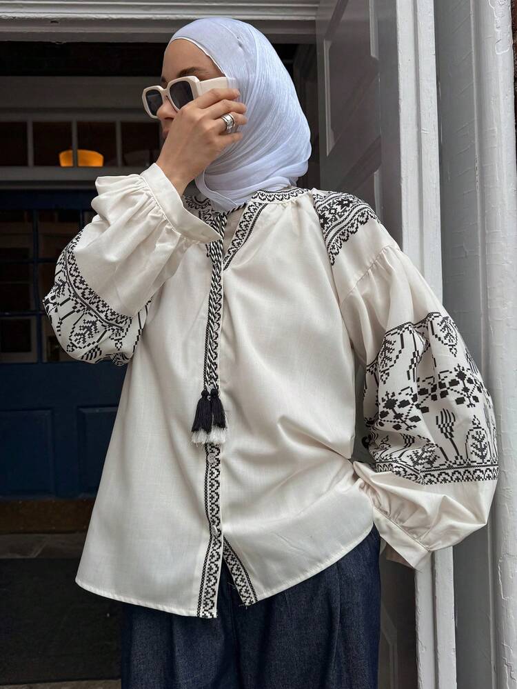 V-Neck Tie Lantern Sleeve Floral Pattern Casual Fashion Blouse, New Loose Fit Women Top Modest Fashion
