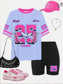 SHEIN 2 件套年轻女孩休闲简约短袖上衣和短裤套装，适合夏季 - 彩色 - 查看 2