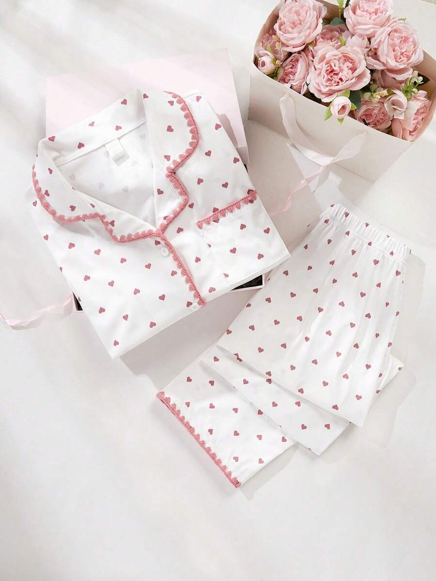SHEIN 2pcs/Set Girls' Cute Heart Pattern Asymmetrical Hem Contrast Color Soft Comfortable Casual Pajama Set, Consisting Of Long Sleeve Cardigan And Long Pants, School Back Season, Spring/Summer/Autumn/Winter