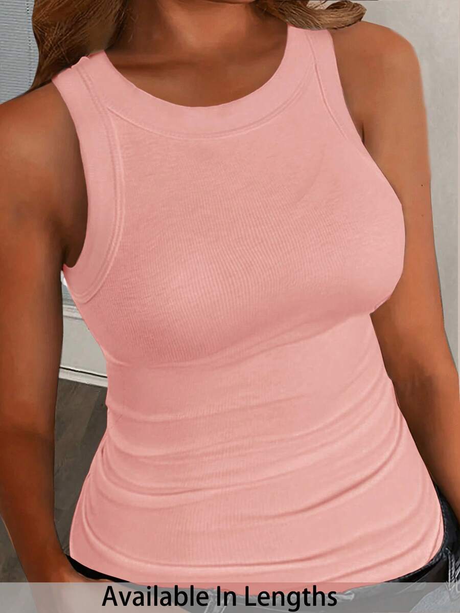 SHEIN PETITE CURVE 大码休闲基本款修身白色圆领露肩背心 - 粉色 - 查看 1