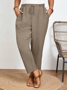 SHEIN PETITE CURVE 加大码纯色休闲长裤，松紧腰带，斜口袋