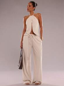 SHEIN BAE 1 件杏色纯亚麻简约弹力抽绳简约口袋宽松阔腿低腰裤，亚麻裤，阔腿裤，休闲裤，老钱风格女性，斯德哥尔摩风格，商务休闲女性，外出，机场女性