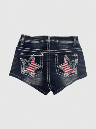 ROMWE Avant Pantaloncini di jeans da donna con ricami a stelle ispirati all'Indipendenza degli Stati Uniti, in stile Y2K
