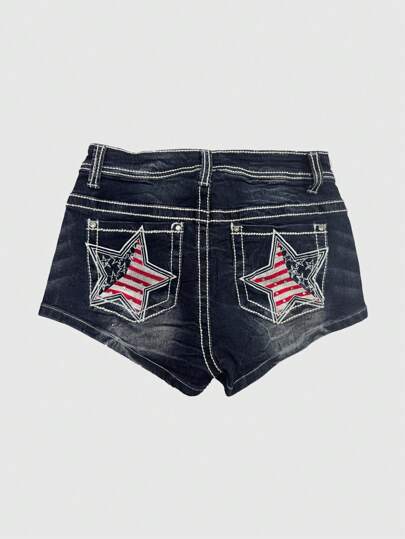 ROMWE Avant Pantaloncini di jeans da donna con ricami a stelle ispirati all'Indipendenza degli Stati Uniti, in stile Y2K