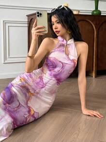 EastFlair Women Elegant Marble Print Maxi Halter Dress Elegant Maxi Dress Purple Floral Maxi Dress Bodycon Maxi Dress Halter Neck Maxi Dress Purple Maxi Dress Marble Print Maxi Dress - Multicolor - View 3