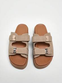 Solezae #LuxeEssentials Women's Golden Locker Double Strap Sleek Taupe Footbed Platform Slide Sandals – Chic, Casual & Ultra Comfortable Mother's Day Present - Beige - View 4