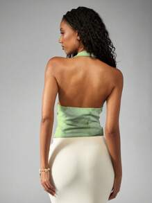 MISSGUIDED Cowl Neck Halter Crop Top With Starfish Brooch Backless Evening Party Summer Beach Wedding Guest Blouse - Green - View 2