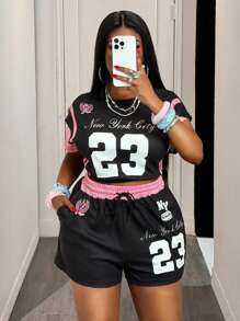 Slaydiva Conjunto de 2 piezas nuevo para primavera/verano, talla grande, estilo callejero, casual, diario, deportivo, con estampado gráfico del número 23 y tela texturizada, camiseta corta de cuello redondo y shorts, estilo Y2K - Negro - Ver 5
