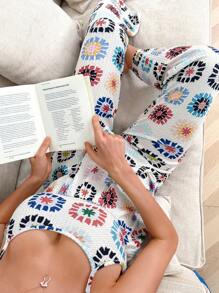 SHEIN Hibiscus Print Ruffle Hem Casual Camisole Top And Long Pants Set - White - View 1