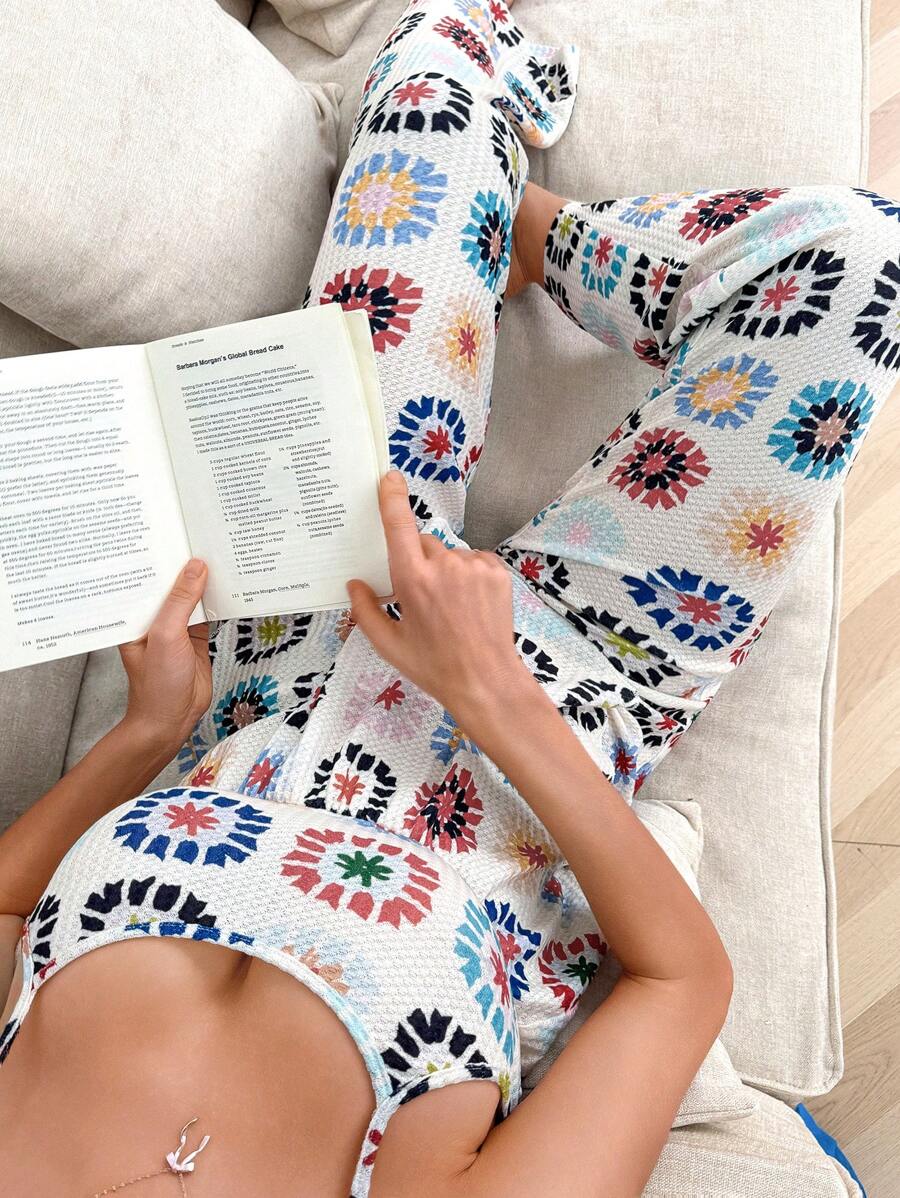 SHEIN Hibiscus Print Ruffle Hem Casual Camisole Top And Long Pants Set - White - View 1