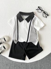 SHEIN 2 件装男婴/0-3 岁宝宝春夏休闲日常绅士风 Polo 领撞色华夫格 Polo 衫 + 短裤套装，婴儿春夏服装，黑/白/灰中性色，百搭