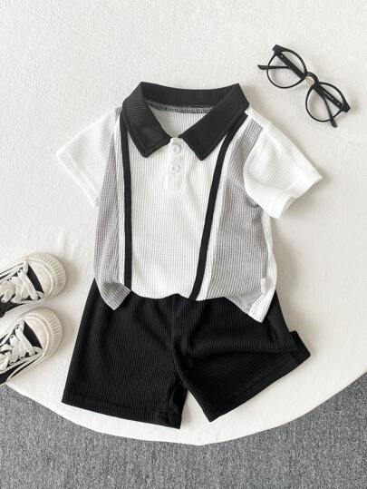 SHEIN 2 件装男婴/0-3 岁宝宝春夏休闲日常绅士风 Polo 领撞色华夫格 Polo 衫 + 短裤套装，婴儿春夏服装，黑/白/灰中性色，百搭