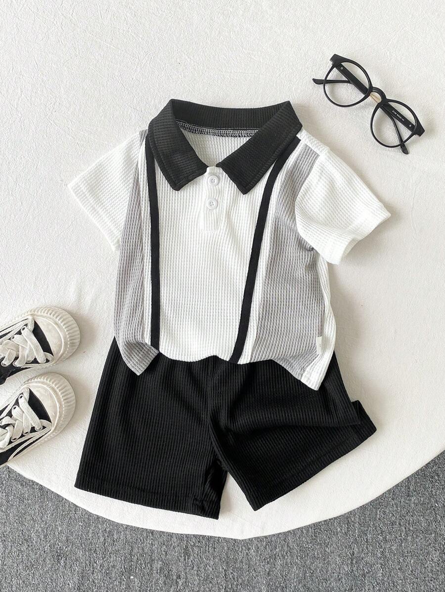 SHEIN 2 件装男婴/0-3 岁宝宝春夏休闲日常绅士风 Polo 领撞色华夫格 Polo 衫 + 短裤套装，婴儿春夏服装，黑/白/灰中性色，百搭