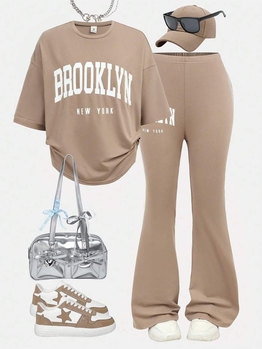 SHEIN Girlism Bộ 2 chiếc áo thun thể thao cổ tròn tay ngắn và quần ống loe cho bé gái tuổi teen - Màu Khaki - Xem 1