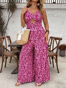 SHEIN VCAY Combinaison avec jambe large et imprimé géométrique dos nu pour femmes grande taille - Multicolore - Voir 1