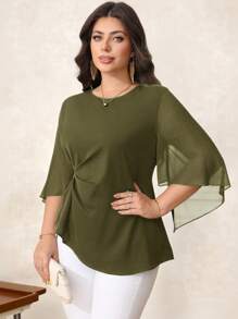 SHEIN Clasi Blus Kasual Lengan Lebar Warna Polos Elegan Ukuran Besar, Cocok untuk Guru Wanita di Musim Gugur - Hijau Tentara - View 4