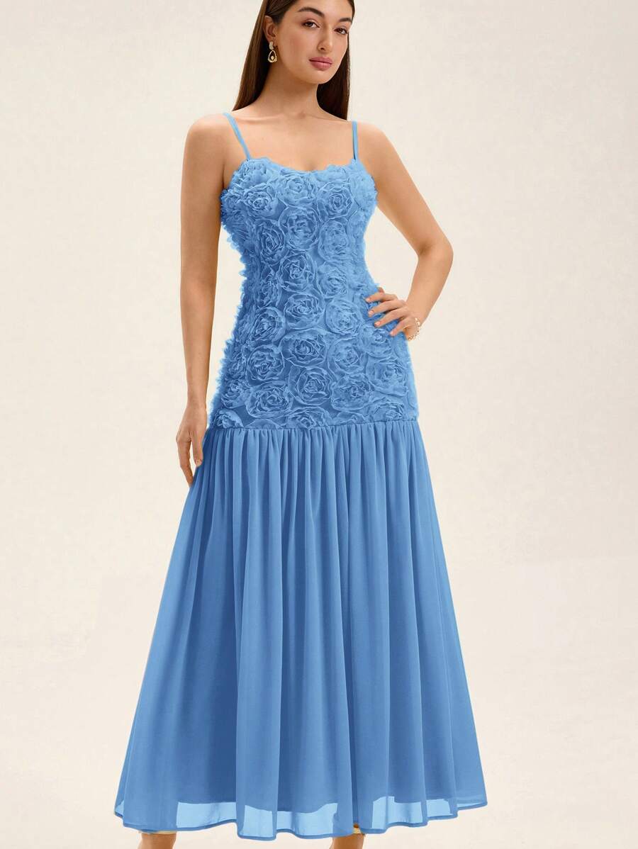 GENKIRA Vestido elegante y sofisticado para fiesta, con tela texturizada de rosa amarilla, empalmado, bajo de color block en chifón, de estilo romántico - Azul - Ver 1