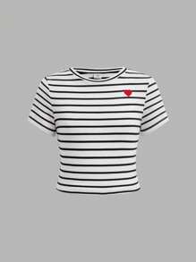 SHEIN Girlism 4 件套 Tween 女童休闲基本款修身圆领红心刺绣舒适弹力条纹纯色针织 T 恤，黑白条纹