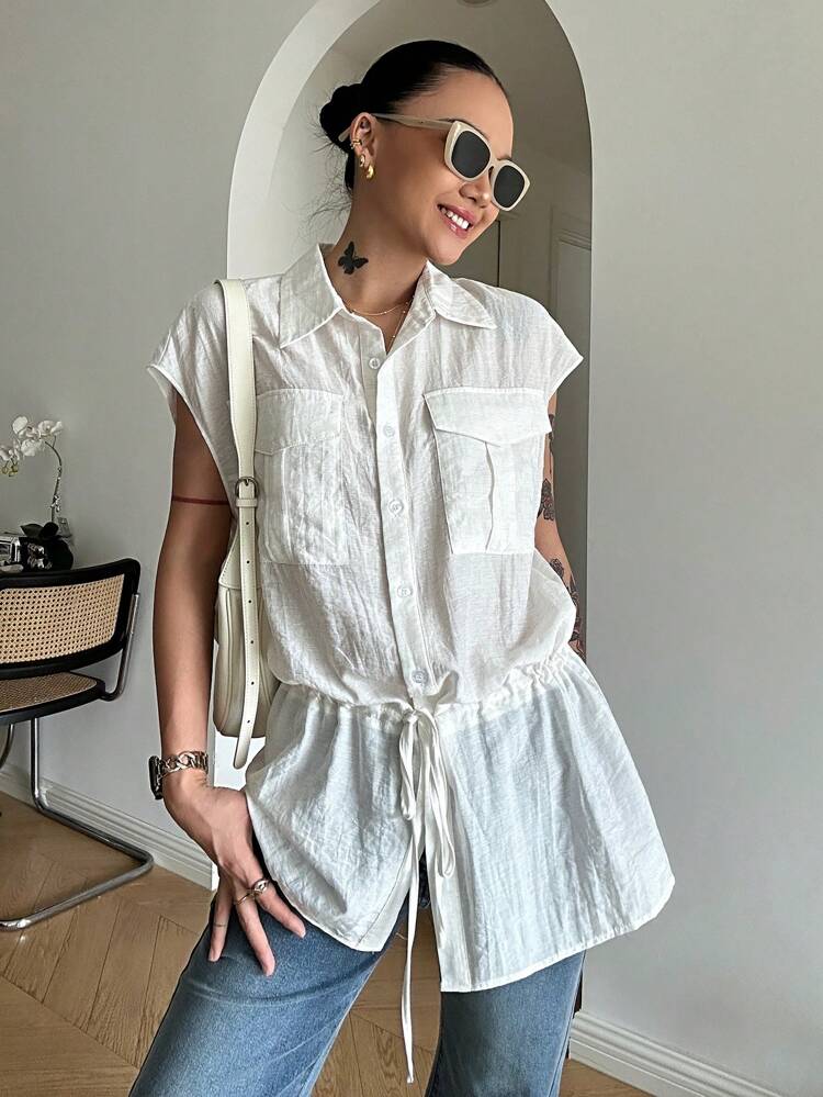 Women's Solid Color Loose Turndown Collar Pocket Cinched Waist Hem Casual Vintage Shirt For Summer