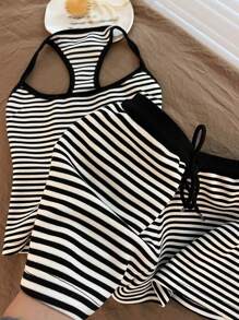 INAWLY 2pcs Women Casual & Romantic Striped Crop Top And Shorts Set