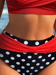 Swim Lushoire Summer Beach Vacation Polka Dot Print Cross Front Halter 2 Pieces Set, Popular High