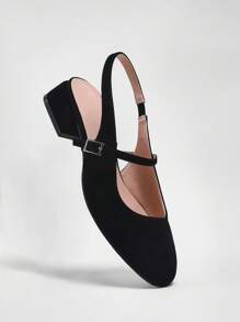 Solezae 女士法式时尚露跟方头低跟粗跟黑色小块高跟鞋 - 灵感源自可可风格，优雅、经典、舒适婚鞋，母亲节礼物 - 黑色 - 查看 2