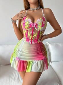 SHEIN Embroidered Patchwork Fishbone Silhouette Rainbow Ombre Print Mesh Camisole Nightgown - Multicolor - View 5