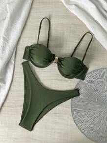 Swim Basics 1 Bộ đồ bơi mùa hè cho nữ có áo ngực dây mảnh màu trơn và quần tam giác - Màu xanh lá cây đậm - Xem 1