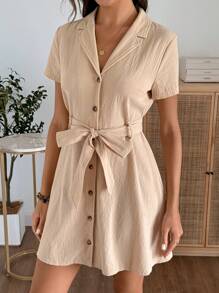 EMERY ROSE Váy cài nút phía trước màu trơn thường ngày cho nữ, phong cách nghỉ dưỡng - Màu Khaki - Xem 9