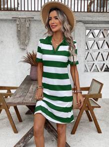 EMERY ROSE Váy dài ngang gối kẻ sọc màu đơn giản cho nữ, mùa hè - màu xanh lá - Xem 5