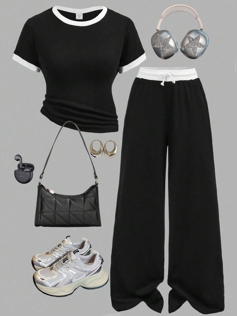 SHEIN Girlism 2 件青少年女孩春夏针织条纹黑白撞色休闲修身基本款 T 恤和撞色腰部宽松口袋裤套装，女孩休闲运动街头服饰，学校运动，返校，足球运动，户外舒适套装 - 黑與白 - 查看 1