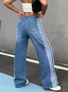 SHEIN ICON 女式休闲修身直筒蓝色牛仔裤 - 藍色 - 查看 3